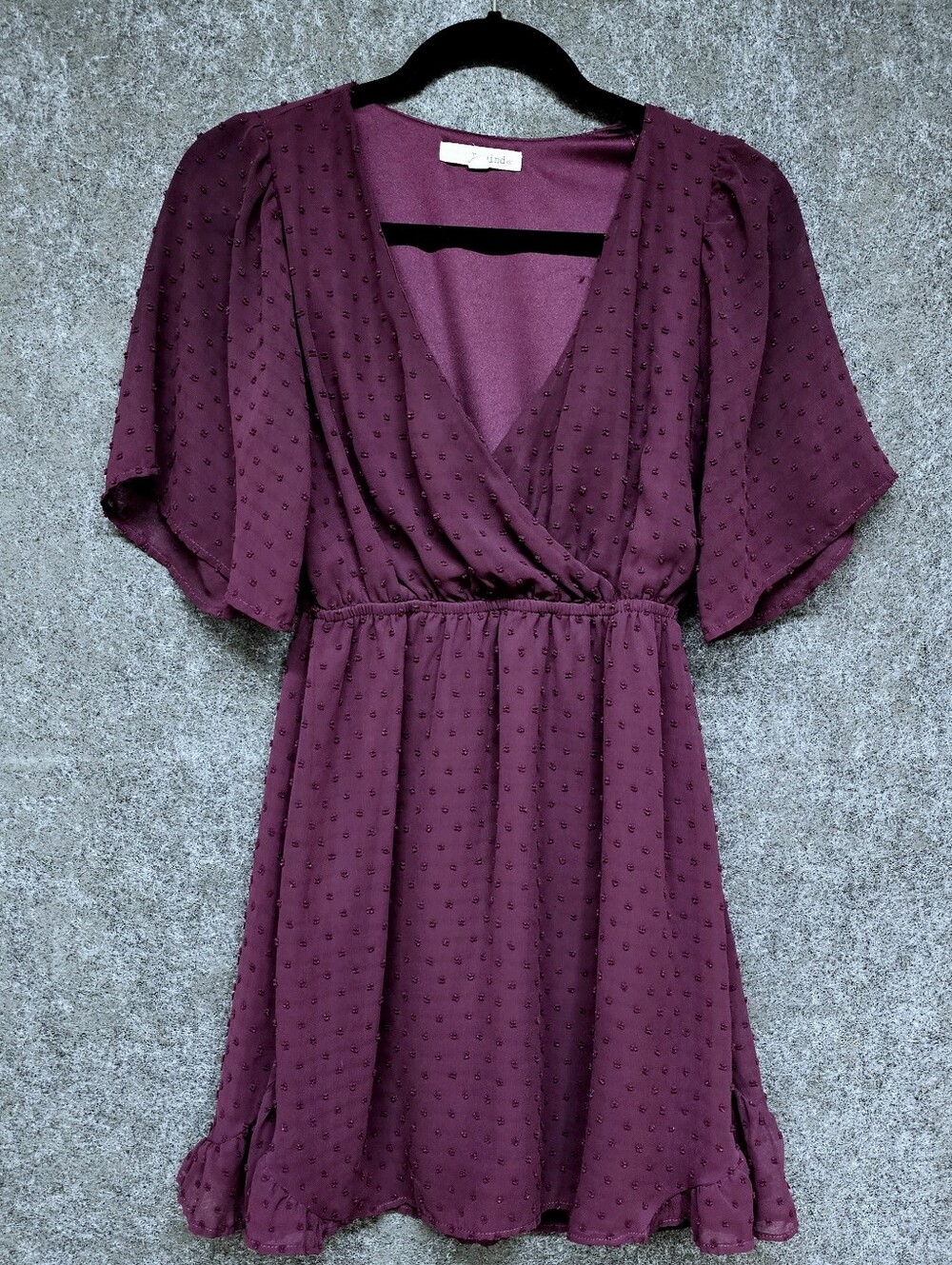 Rewind Flared Sleeve Faux Wrap Dress, Swiss Dot, Wine, Size Small